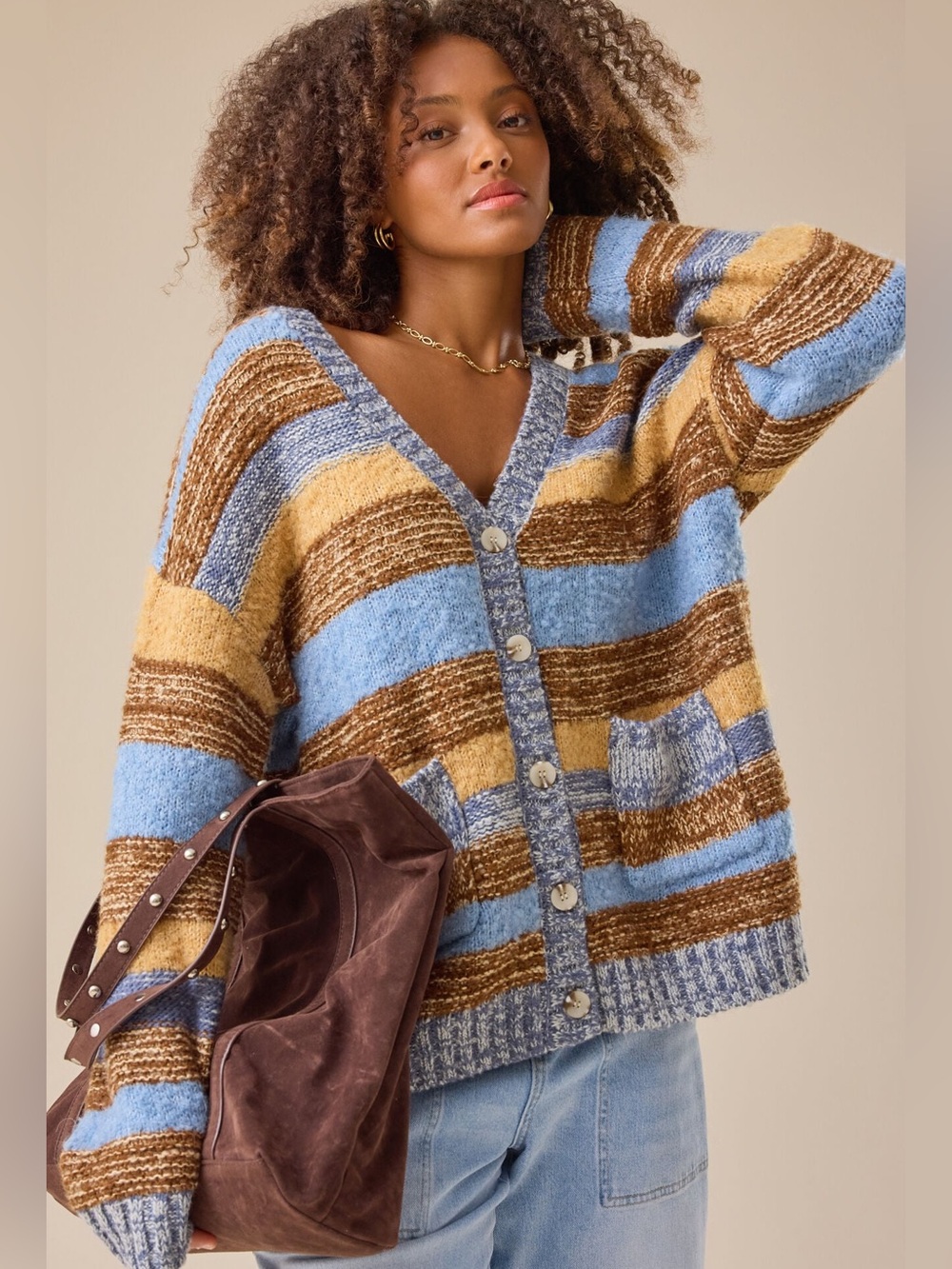 Altar'd State Sammy Oversized Stripe Cardigan Blue Brown Textured Knit XXS